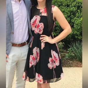 Ann Taylor Black and Pink Skater Floral Dress, Size 4P